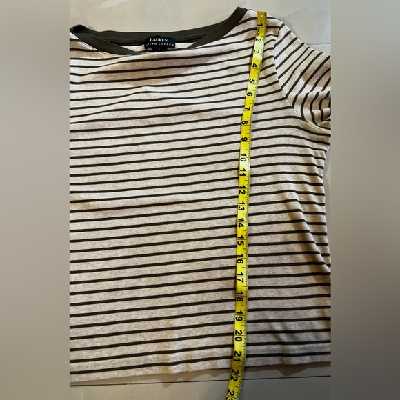 LAUREN RALPH LAUREN SWEATER TOP 3/4 SLEEVE‎ BEIGE WITH STRIPES OLIVE GREEN L - Picture 11 of 16